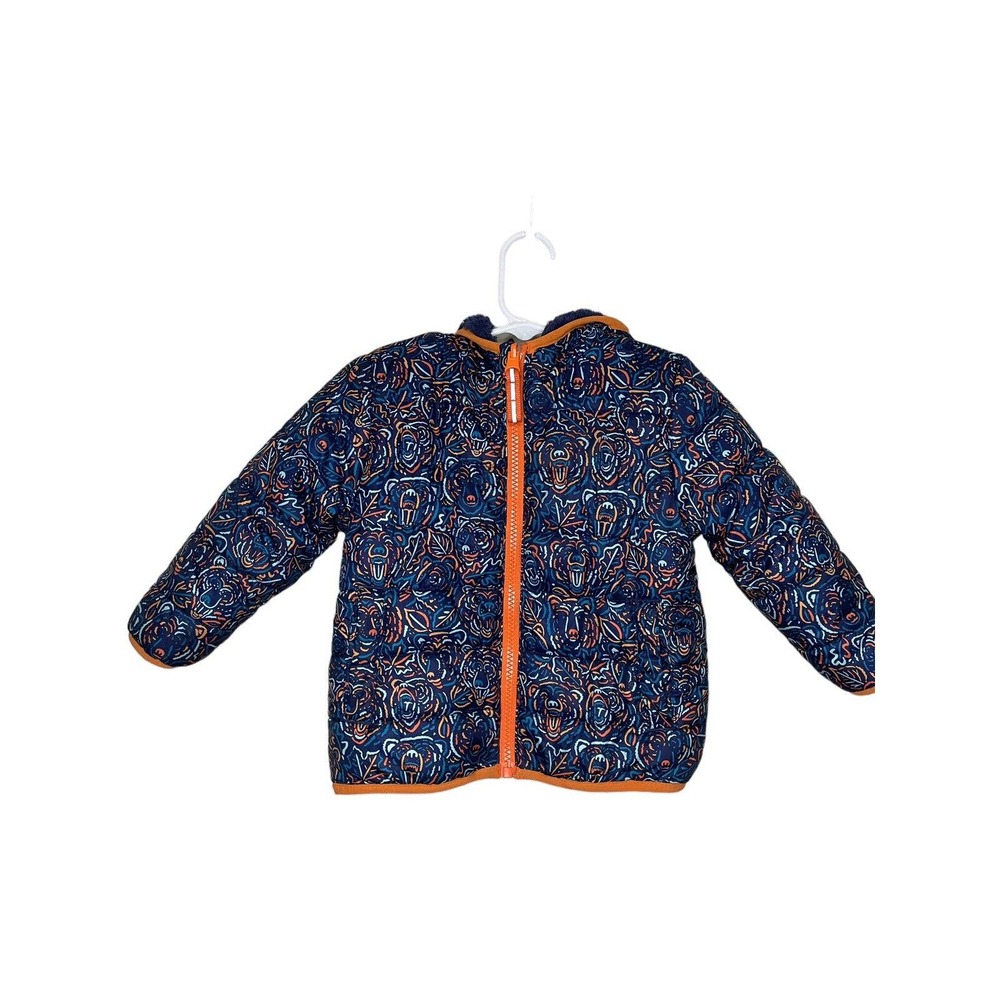 Toddler Boys' Cat & Jack Bear Print Reversible Puffer Jacket Navy Blue Size 18M